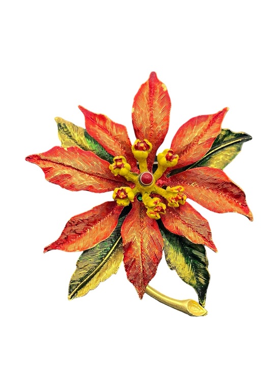 Weiss Jewelry - Weiss poinsettia flower red green enamel gold tone brooch pin vintage Christmas